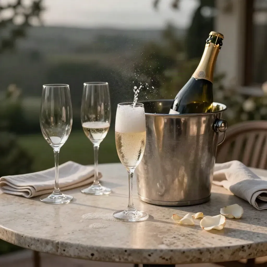 Sektflasche im Eiseimer, zwei Gläser, Serviette und Blüten auf einer Terrasse bei Dämmerung.