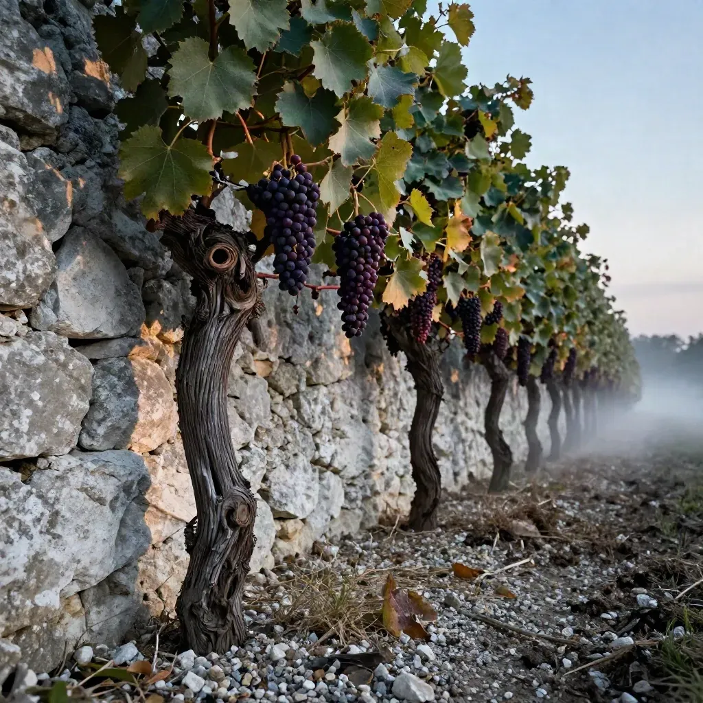 Spätburgunder-Reben an Kalkstein und Kellerwand im kühlen Blau des Abendhimmels