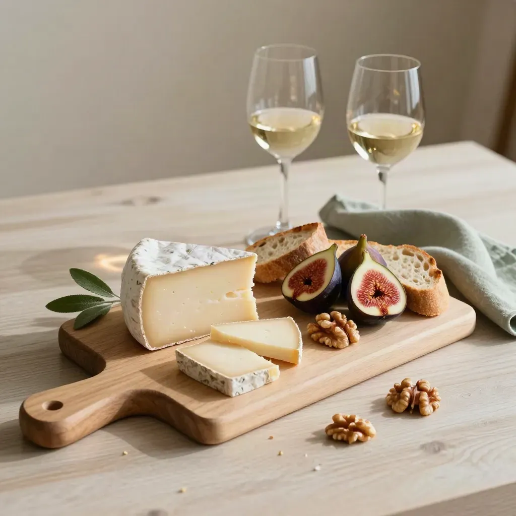 Käseplatte mit Feigen, Nüssen, Brot und zwei Weingläsern auf hellem Holz.