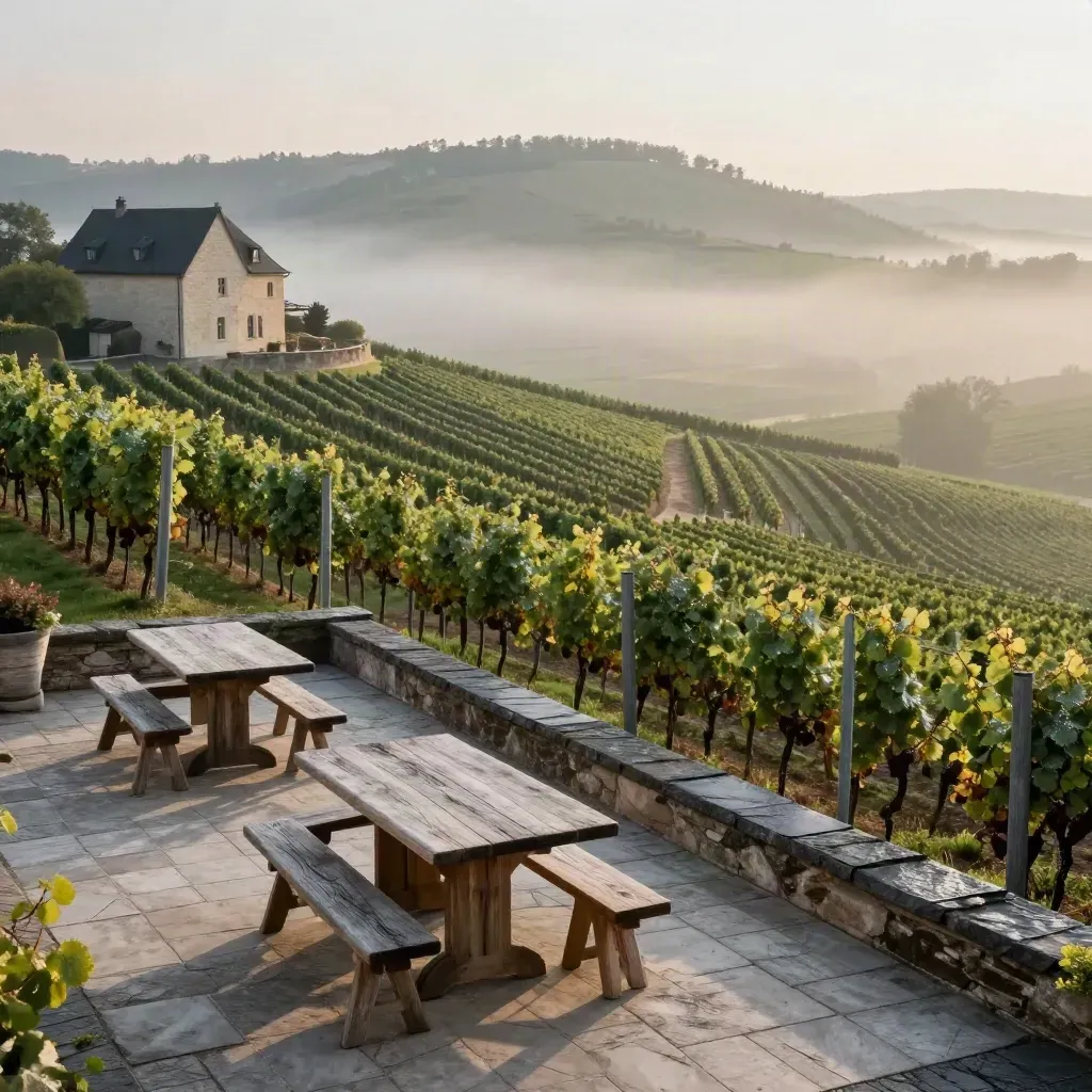 Weitblick auf ein deutsches Weingut mit Terrassen und nebligen Hügeln im Morgenlicht