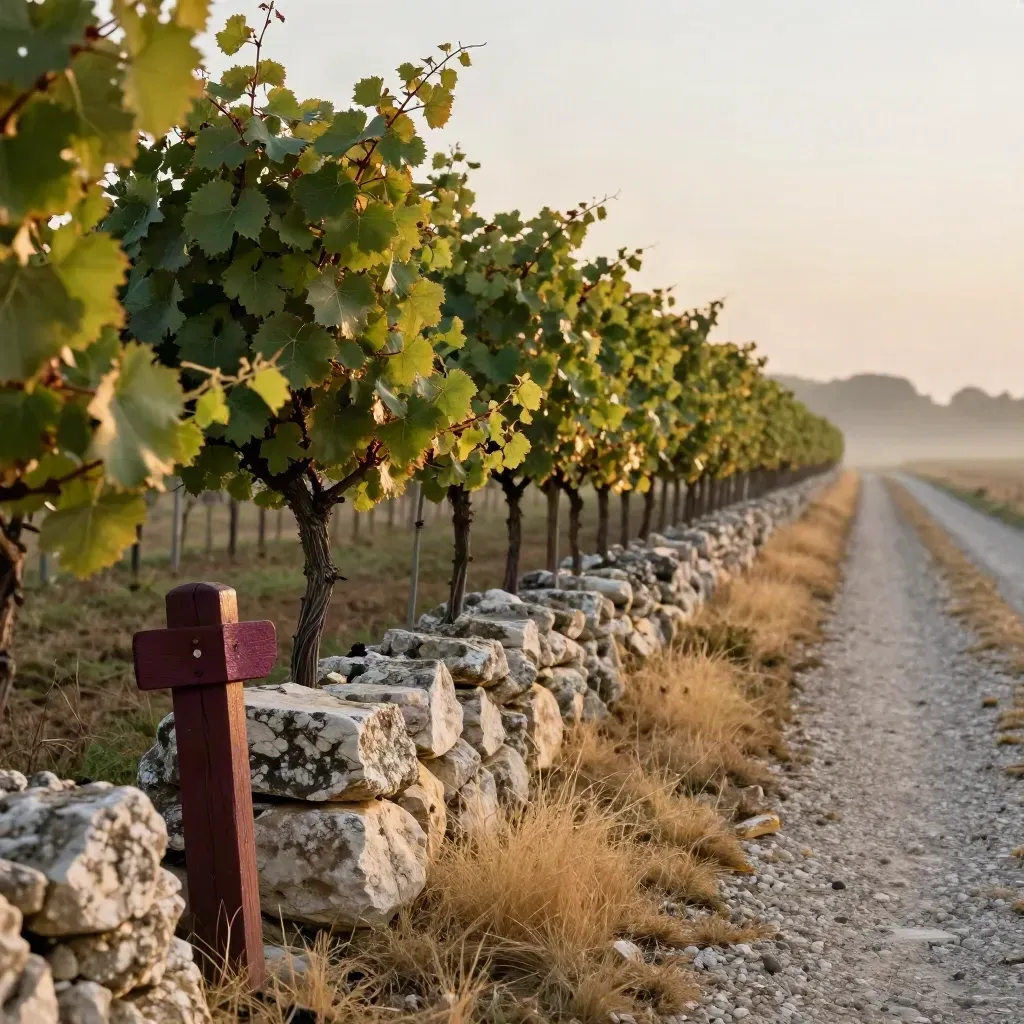 Silvaner-Reben an Kalksteinmauer neben Feldweg im warmen Abendlicht