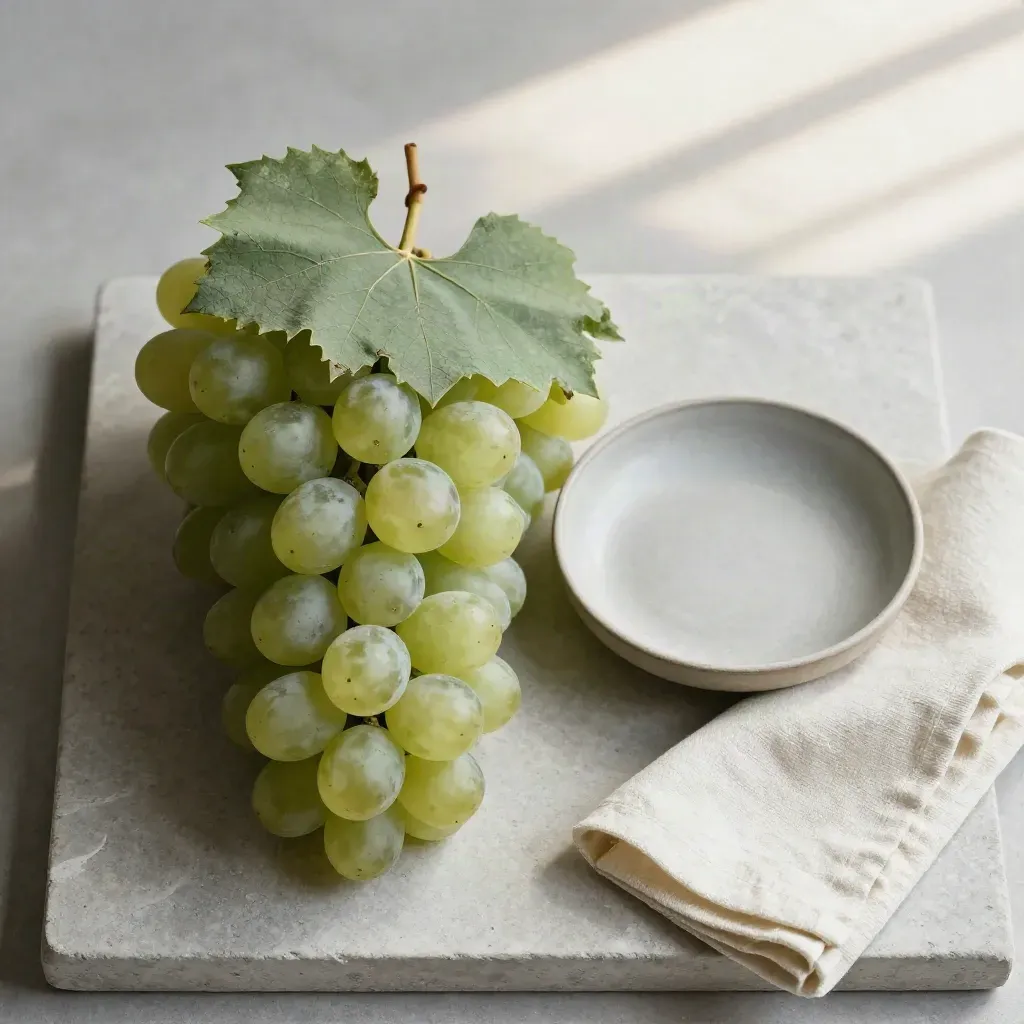 Rieslingtrauben mit Blatt, Schale und Leinentuch auf hellem Stein von oben