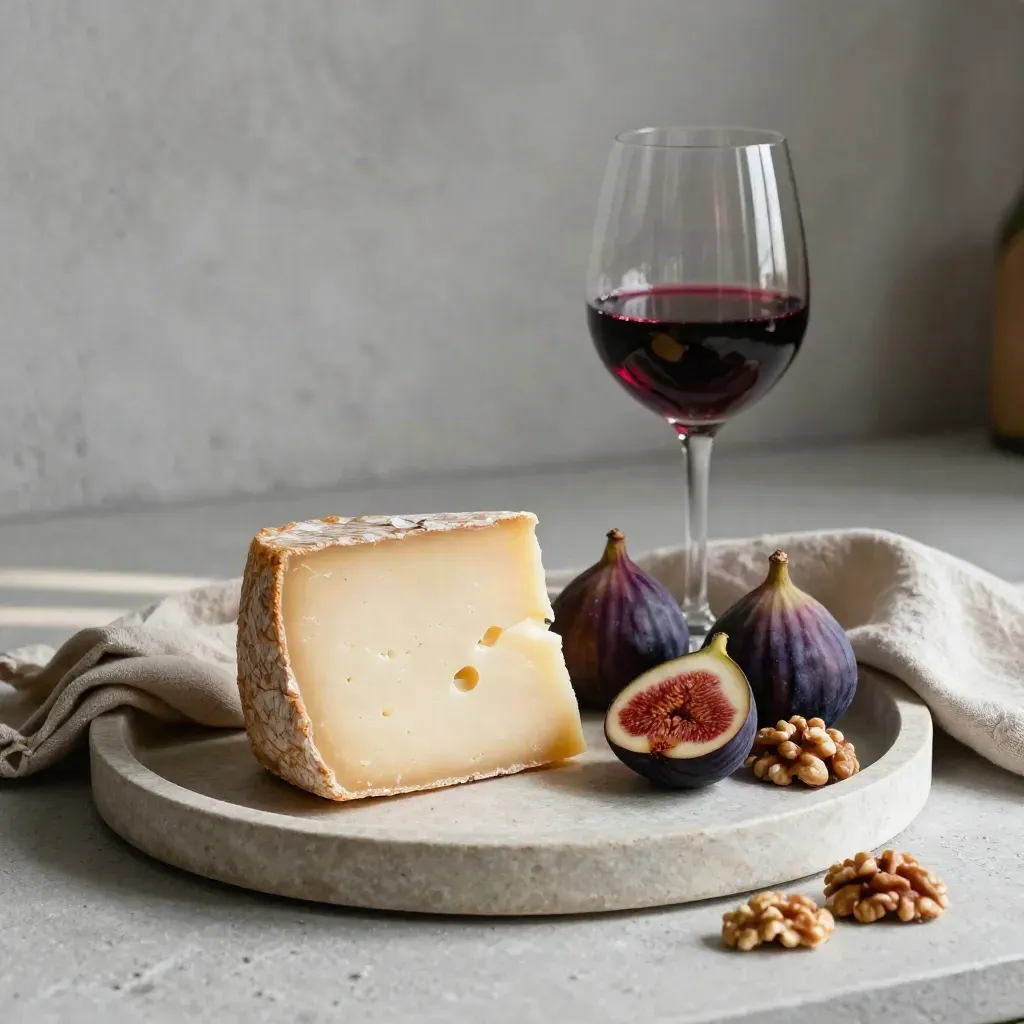 Comté mit Feigen, Walnüssen und Weinglas auf Steintray im weichen Licht.
